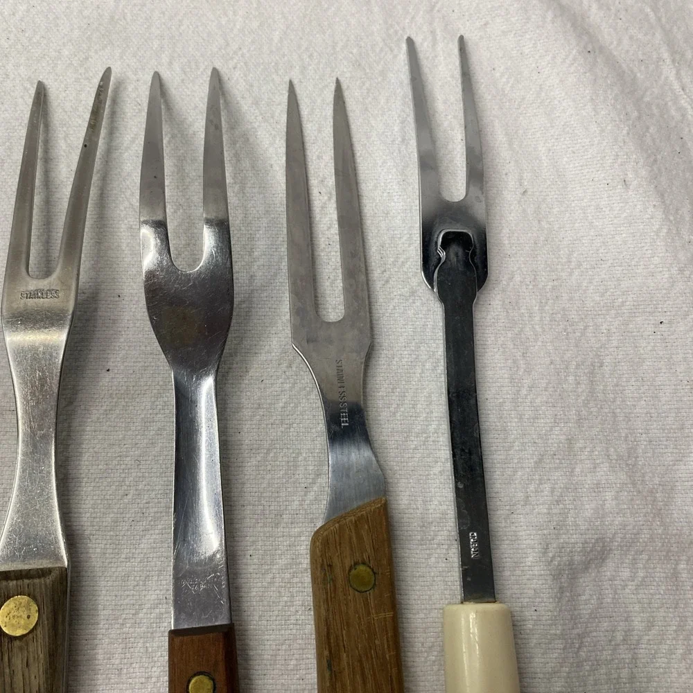 Lot Of 6 Vintage Meat Forks Japan Taiwan Stainless Steel Wooden Handle